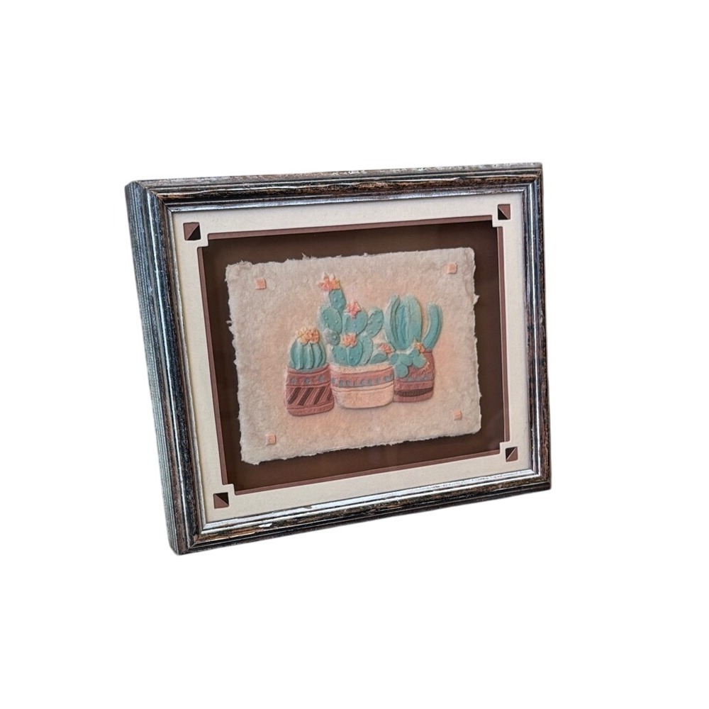 Vintage Figi Graphics 5""x 7" Pressed 3D Art Print "Cactus Flowers" Framed 90s‎